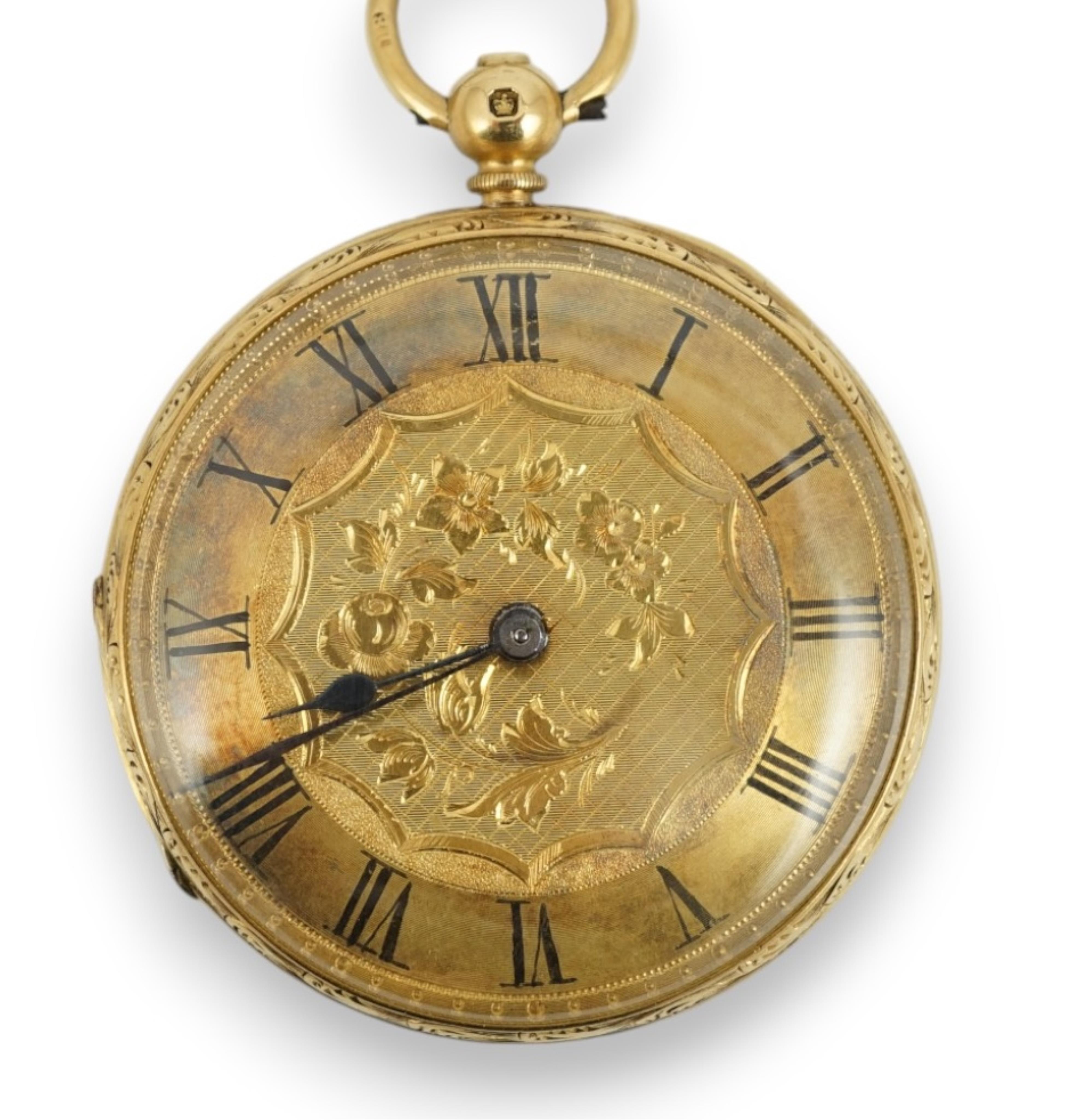 A Victorian 18ct gold open face keywind pocket watch, by George Woolley, Bristol, with Roman dial